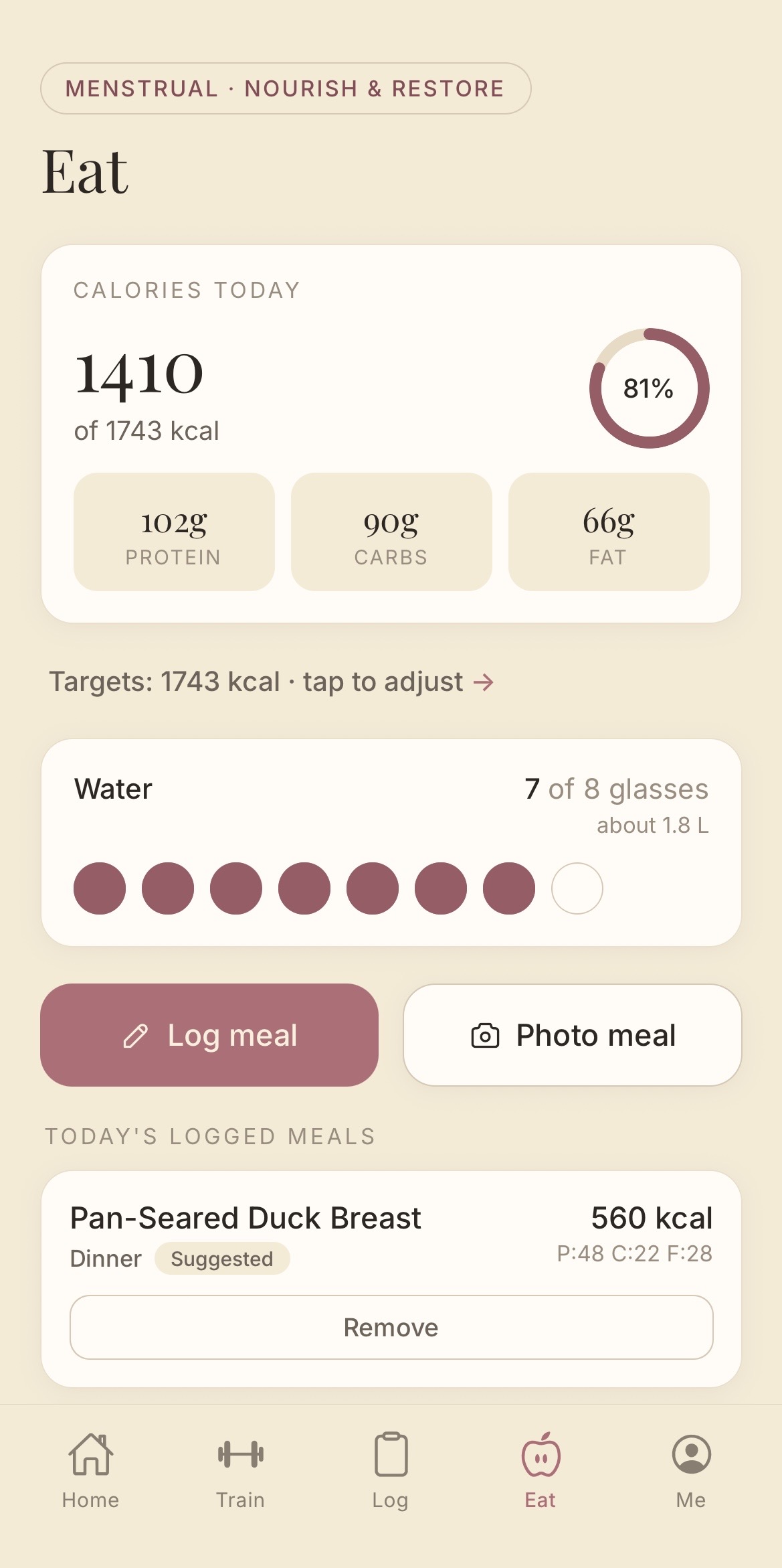 Floryn nutrition screen with calories and macros