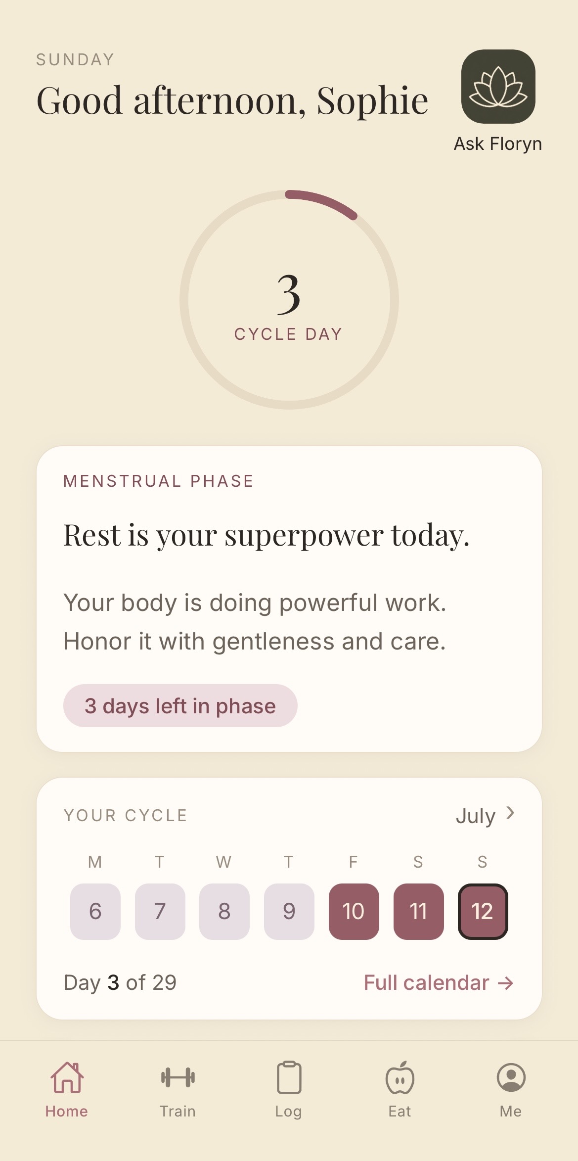 Floryn home screen showing your cycle day and phase guidance